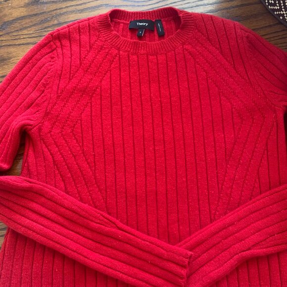 Theory Wool Cashmere Red Ribbed Diamond Knit Crewneck Sweater Flare Hem S